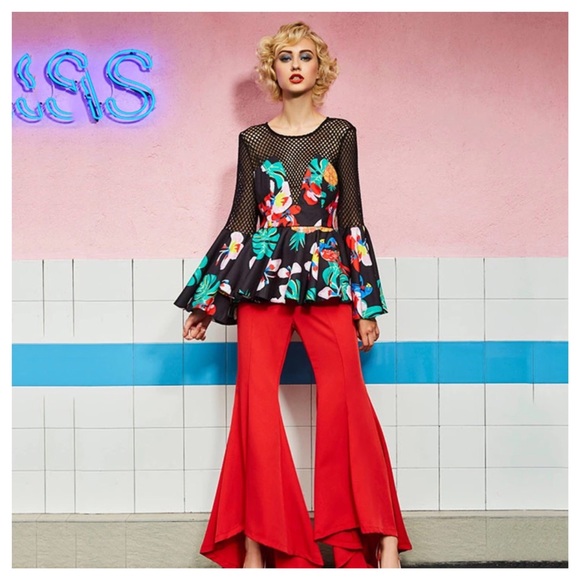 Floral Colorful Mesh Peplum Top - Picture 2 of 13
